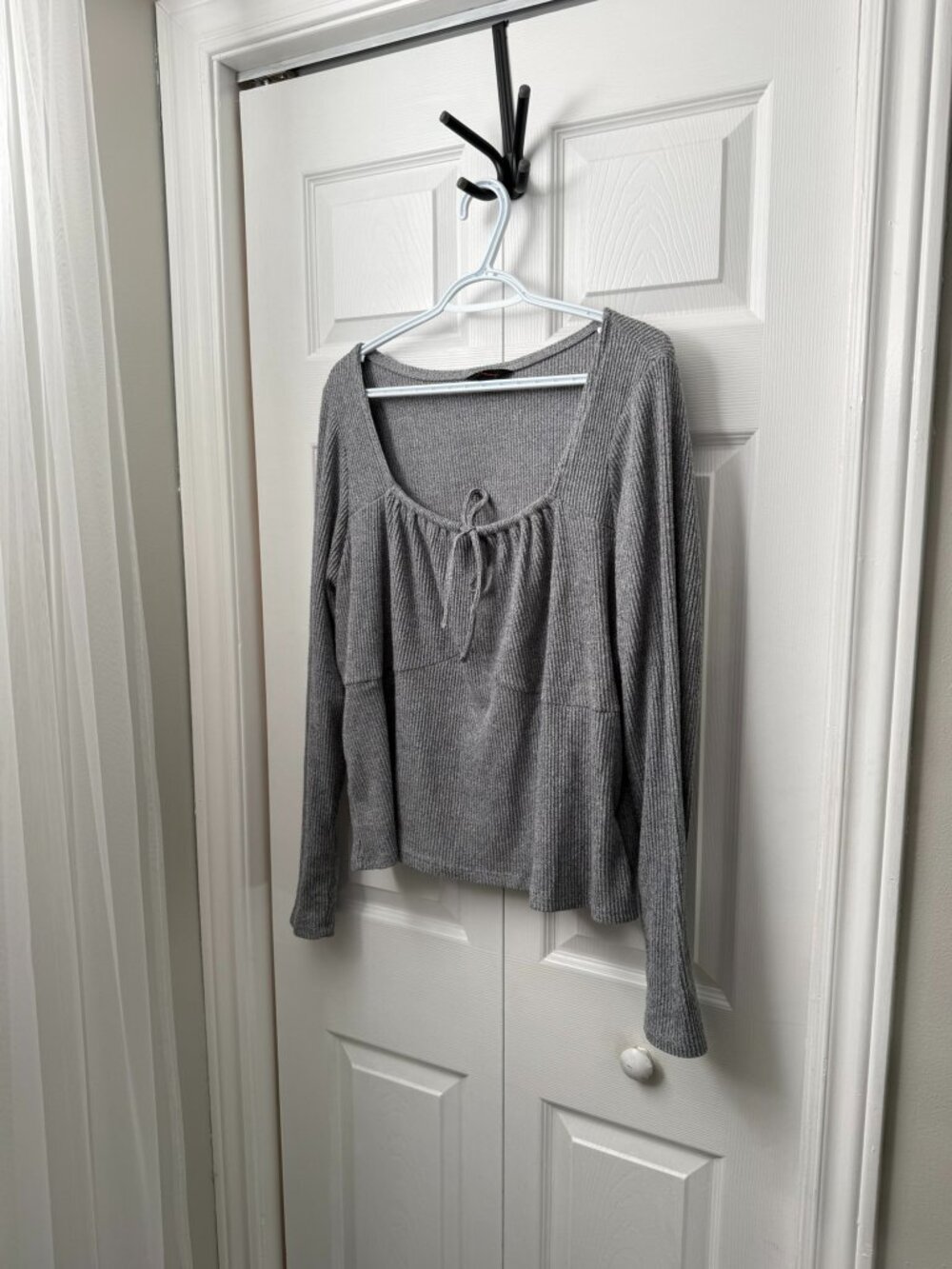 Grey Ribbed Long Sleeve Tie-Front Top